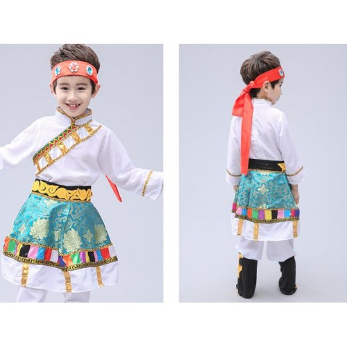 Kids boys girls mongolian minority chinese folk dance costumes tibet stage performance robes 